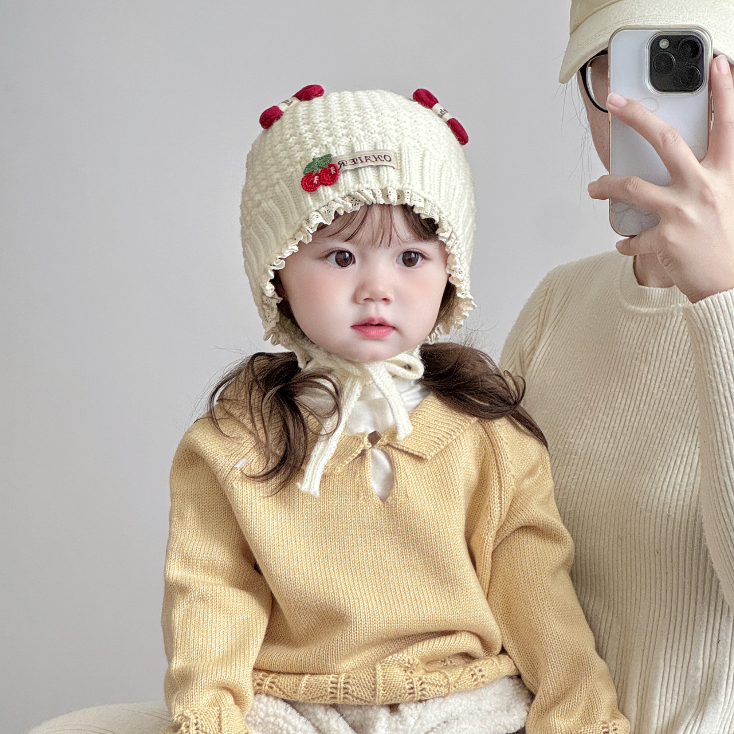 婴儿帽子秋冬季甜美花边樱桃女童保暖毛线帽户外小月龄宝宝护耳帽