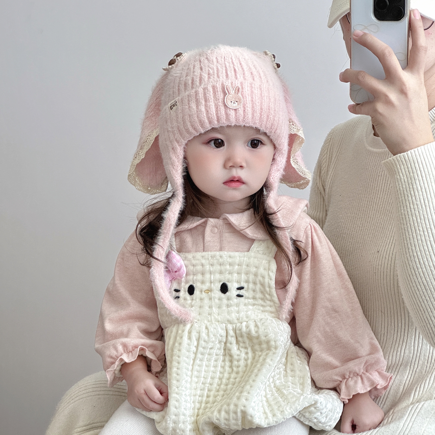 宝宝帽子秋冬季可爱蕾丝兔耳朵女童保暖针织帽户外加厚婴儿护耳帽