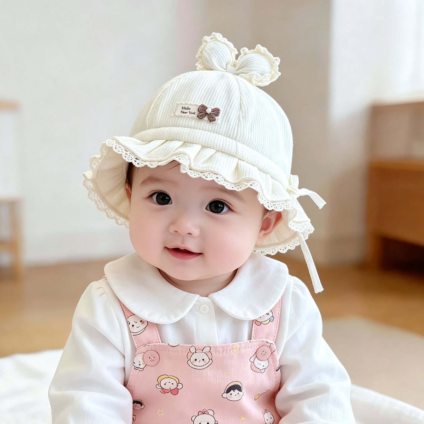 婴儿帽子春秋季遮阳防晒帽可爱蝴蝶结渔夫帽公主帽男宝女宝秋冬季图片