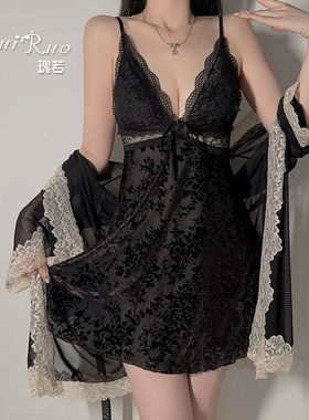 瑰若慵懒植绒纯欲蕾丝深V聚拢加胸垫睡裙舒适系带外袍女套装5909
