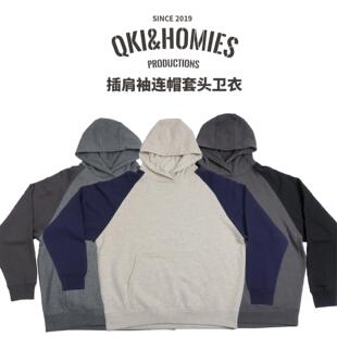 Qki插肩袖连帽套头卫衣保暖轻起绒毛圈拼色高棉百搭休闲重磅宽松