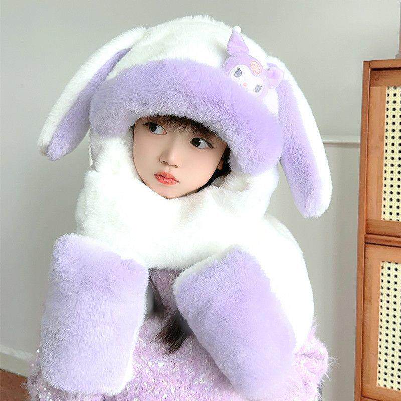 2025新款采产品带活动耳朵的儿童帽购，围巾和手套，连体长毛绒帽