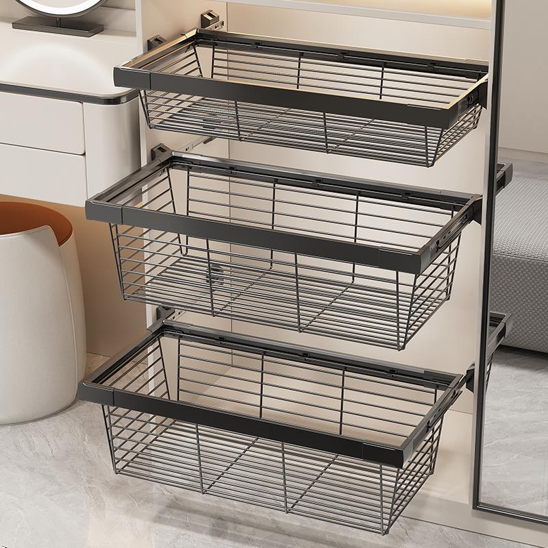 衣柜拉篮抽屉式衣帽间分层抽拉裤架伸缩网篮内置滑轨自制裤抽五金