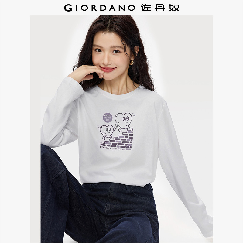 佐丹奴T恤女装纯棉简笔插画印花圆领针织长袖T恤 13395793,女装/女士精品,T恤,淘宝优惠券,粉丝福利购,淘宝优惠卷