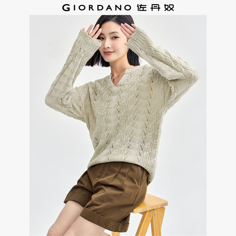 佐丹奴针织衫女装绞花镂空小V领毛织套头针织衫 13354677