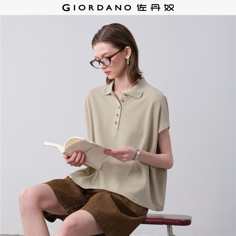 佐丹奴Polo女装纯棉提花领蝙蝠袖宽松珠地针织POLO 18315902