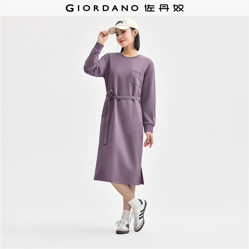 佐丹奴裙子女装刺绣袖口配腰带圆领双面布针织连衣裙 05464859