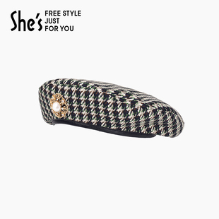 shes茜子奥莱秋冬复古礼赞复古气质千鸟格纹保暖贝雷帽女士休闲帽