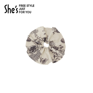 shes茜子蝶花斜影复古印花时尚 盘发圈超大号廓形显脸小头花发饰