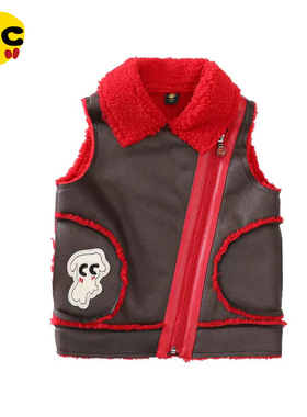 clan-c韩版潮牌春秋新款男女童麂皮红色羊羔绒加厚时尚夹克马甲