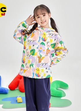 clanc潮牌童装24秋季新款女童印花撞色洋气加绒保暖连帽风衣外套