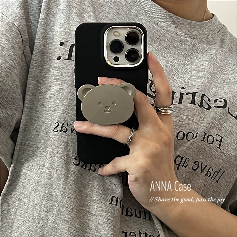 适用苹果14金属镜头框iPhone13手机壳12带支架11promax保护套xs情侣7plus男女款XR黑白色6s潮se熊15por防摔8P