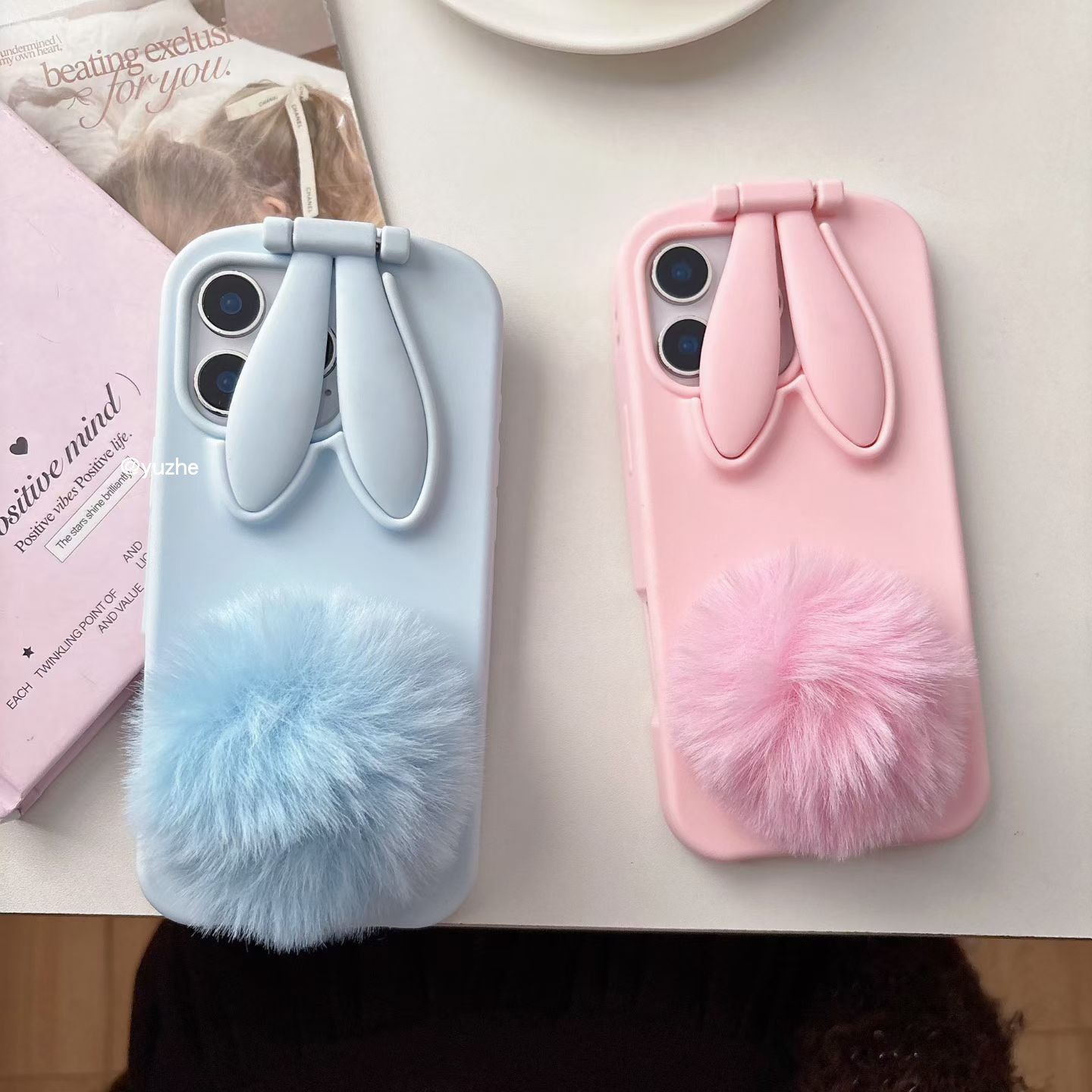 立体可爱兔耳朵毛球尾巴硅胶套