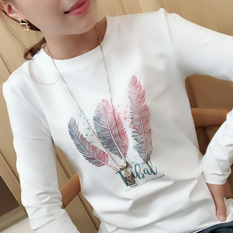 2025春秋新款白色t恤女长袖修身显瘦印花上衣韩版圆领打底衫女冬