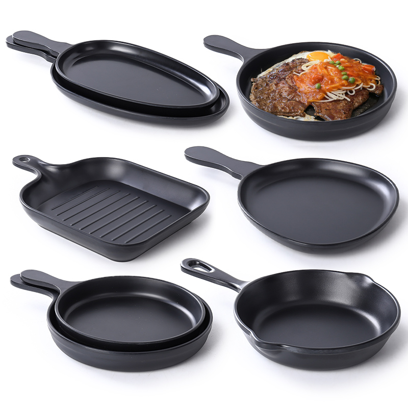 密胺火鸡面盘子商用带把手创意餐盘黑色手柄盘网红吃播平底锅餐具