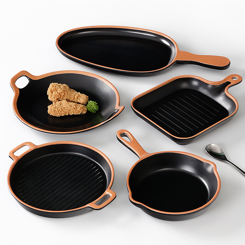 密胺带手柄盘子餐厅商用饭店创意菜盘黑色瓷火鸡面盘子特色餐盘