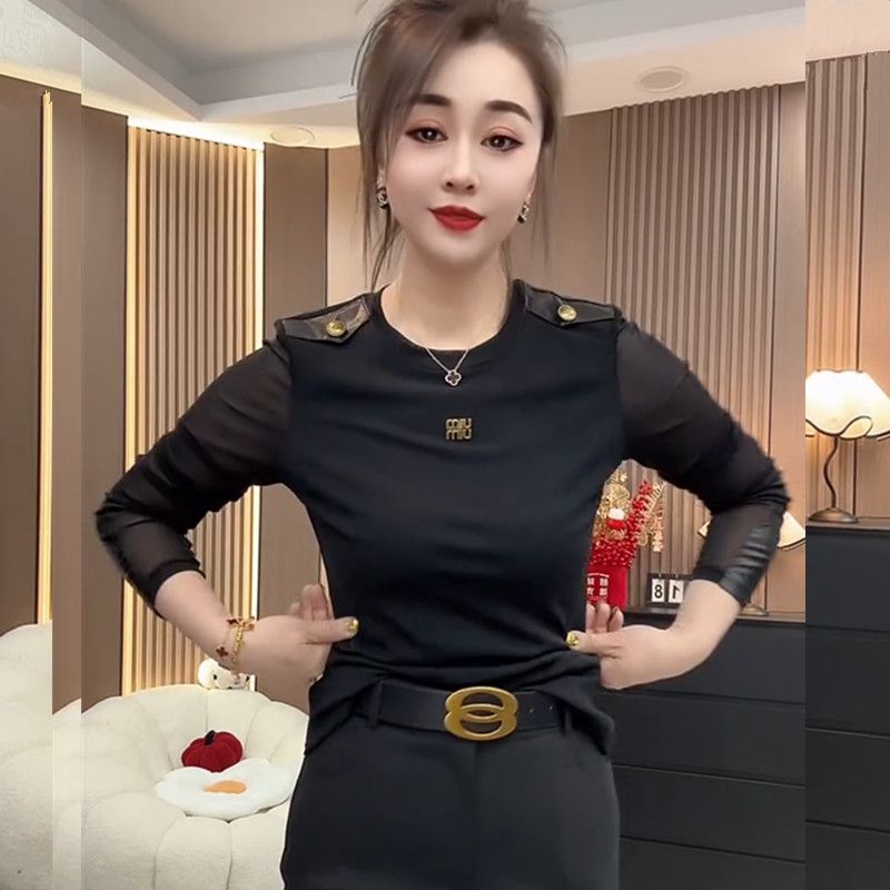 2025春秋季新款时尚圆领拼皮中老年女装