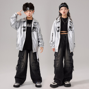 街舞儿童潮服男童嘻哈hiphop潮酷皮衣套装 少儿架子鼓爵士舞演出服