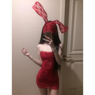 连衣裙女辣妹红色蕾丝一字肩短款性感抹胸套装纯欲风修身包臀裙