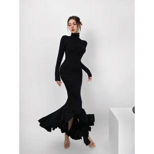 GRACE步步生莲裙子针织鱼尾连衣裙女高领秋冬季修身高腰长裙子