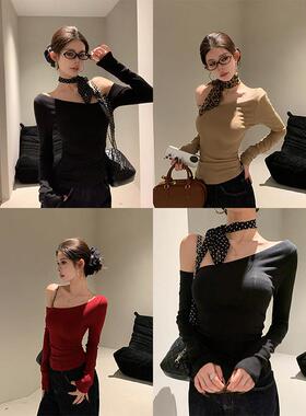 cchun纯子 斜肩T给的慵懒感 长袖露肩收腰T恤女收腰显瘦上衣打底