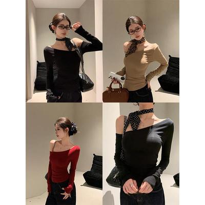 cchun纯子 斜肩T给的慵懒感 长袖露肩收腰T恤女收腰显瘦上衣打底