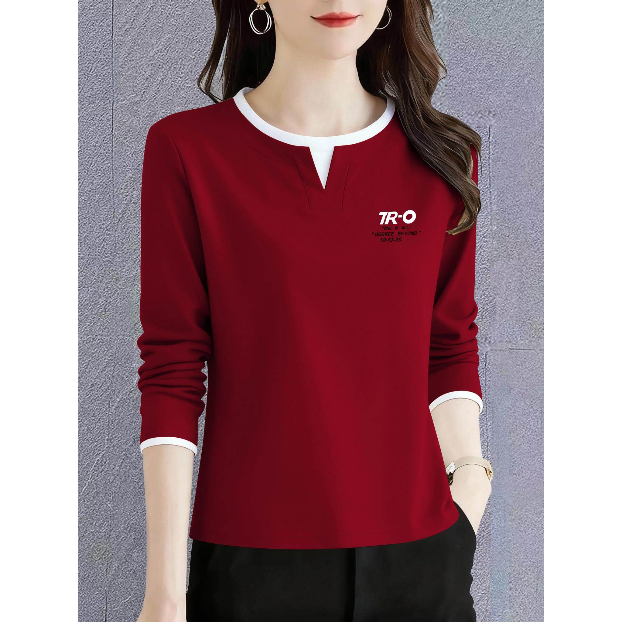 纯棉长袖T恤女秋季新款插色拼接假两件小v领设计时尚洋气圆领上衣