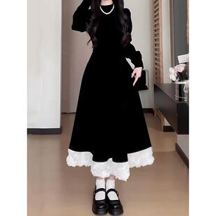 大码法式赫本风内搭丝绒连衣裙女秋冬胖mm收腰遮胯显瘦礼服小黑裙