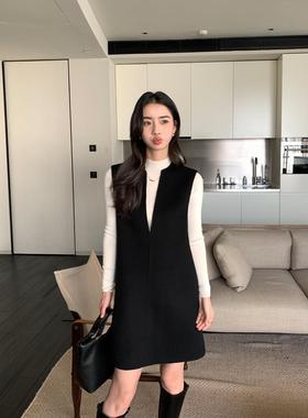 Maven Lin 极简羊毛100%双面呢连衣裙女秋冬深V领毛呢背心裙A字裙