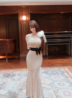 原创奈奈酱|日系镂空针织长裙两件套叠穿蝴蝶结收腰显瘦气质弹力