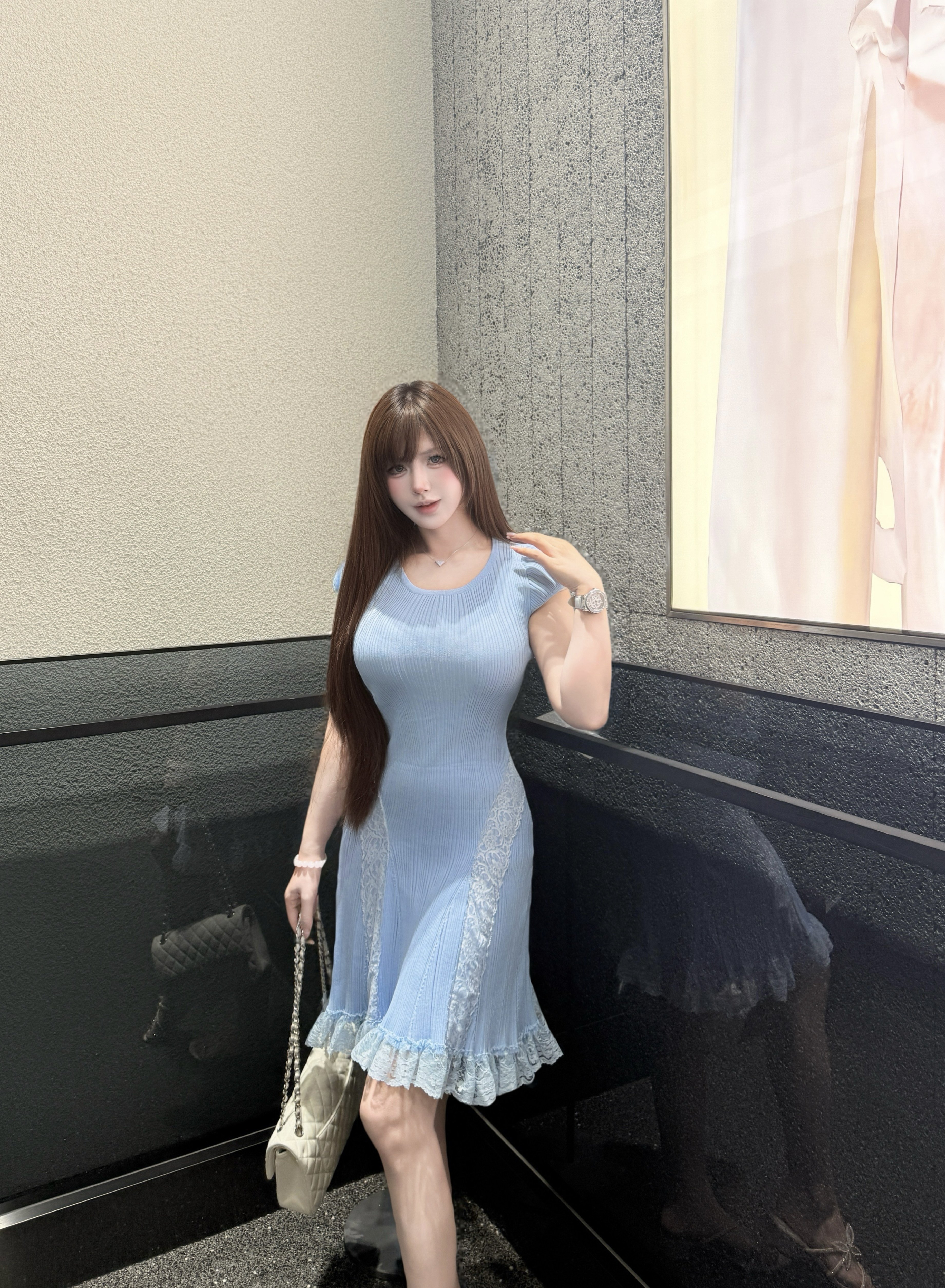 「海岸线」法式拼接蕾丝针织连衣裙弹力修身显瘦气质短袖温柔弹力