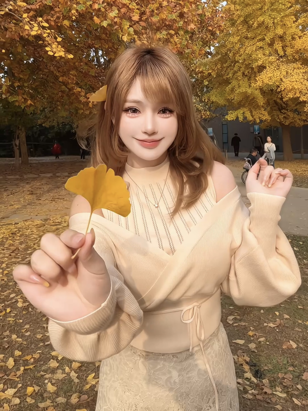 枫甜蜜语套装日系温柔长袖弹力开衫落肩收腰蕾丝弹力鱼尾长裙