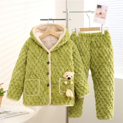 新品珊瑚绒夹棉睡衣女套装三层加厚可外穿秋冬家居服冬款加绒保暖