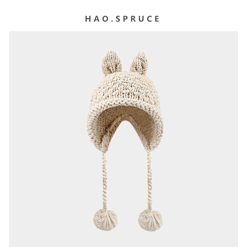 2023新款可爱手工兔耳朵针织护耳帽子女秋冬保暖防寒雷锋帽毛线帽
