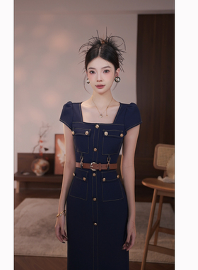 【周子仪】蓝色仿牛仔连衣裙女夏季长裙2026年新款气质带腰带裙子