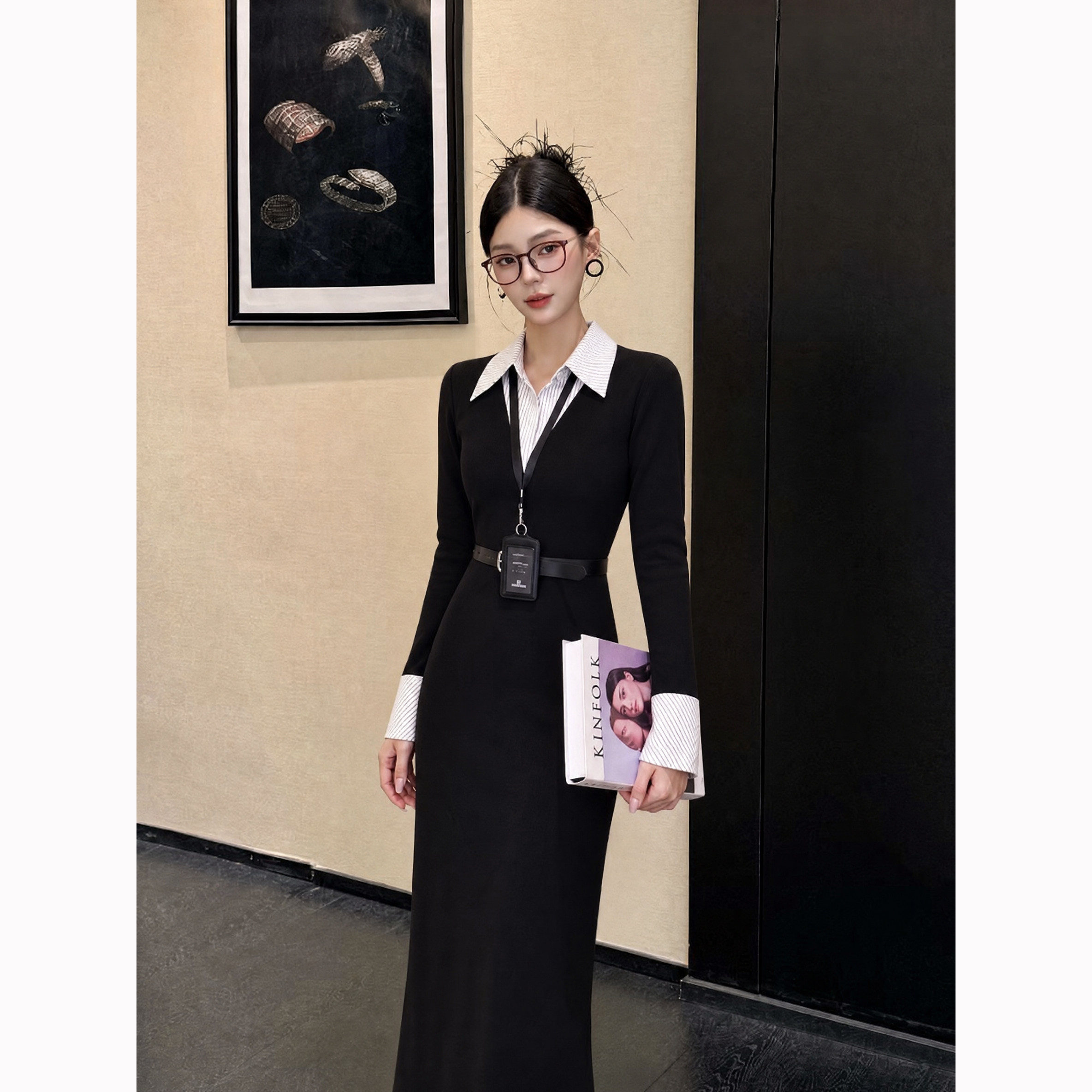 【周子仪】衬衫领撞色假两件连衣裙女秋冬长裙2026年新款气质裙子