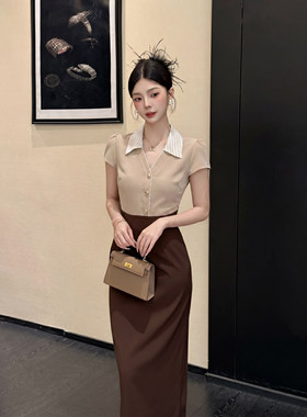 杏色高级感带腰带连衣裙女