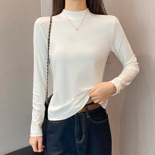 白色半高领鱼骨长袖t恤女2025春秋百搭修身显瘦中领打底衫上衣潮