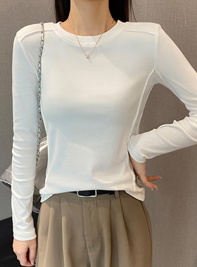 白色纯棉圆领长袖打底衫女紧身潮