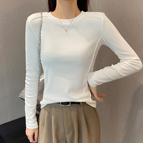 白色纯棉圆领长袖打底衫女紧身潮