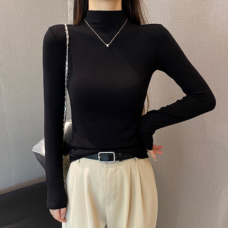 黑色螺纹针织半高领长袖打底衫女早秋洋气紧身内搭t恤中领上衣潮