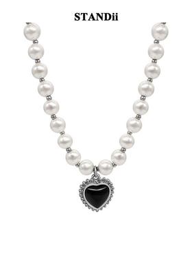 STANDii手作法式黑爱心珍珠项链甜酷气质法式小众设计。