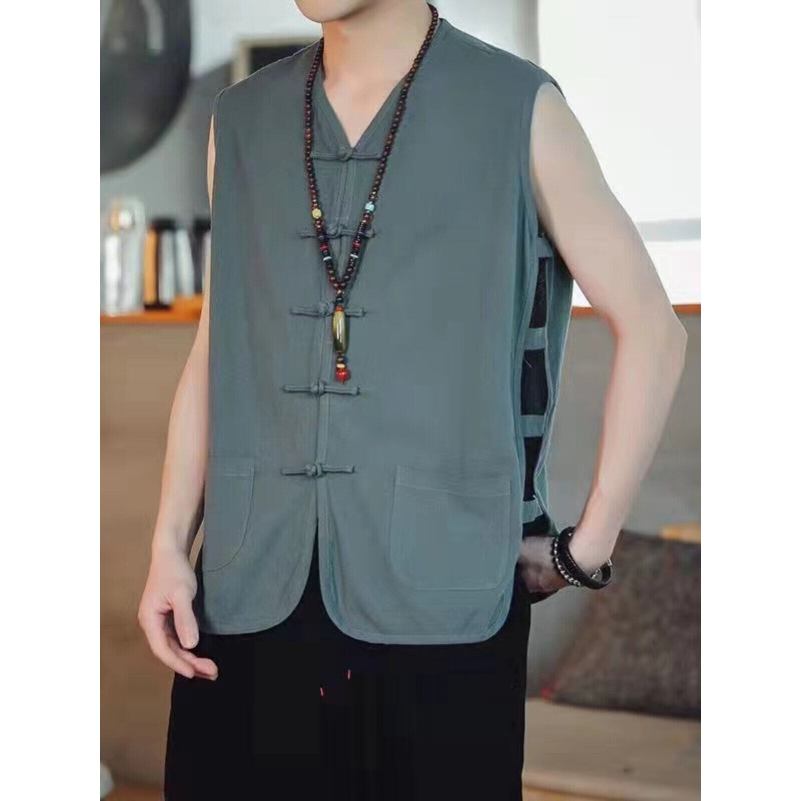 棉麻背心男夏季薄款开衫大码男式马甲老头汗衫复古盘扣国风马褂