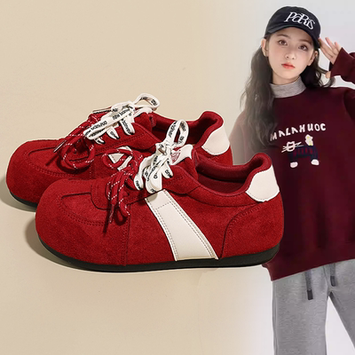 女款韩版潮款拼色圆头面包鞋女孩2026春秋新款时尚百搭软底运动鞋