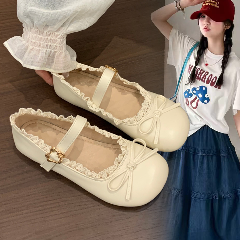 女童蕾丝花边平底单鞋中大童蝴蝶结小皮鞋2026春夏新款女款休闲鞋