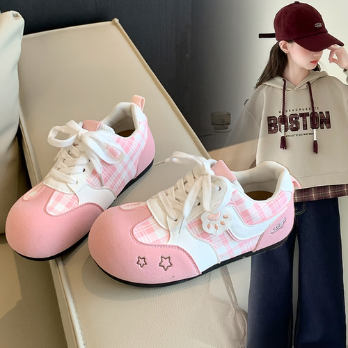 时尚小众甜美粉白格纹拼色设计德训鞋女童2026春秋新款系带休闲鞋