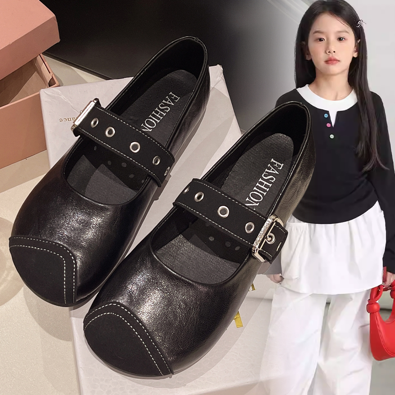 女款个性潮酷平跟小皮鞋中大童2026春秋新款软底百搭休闲风单鞋女