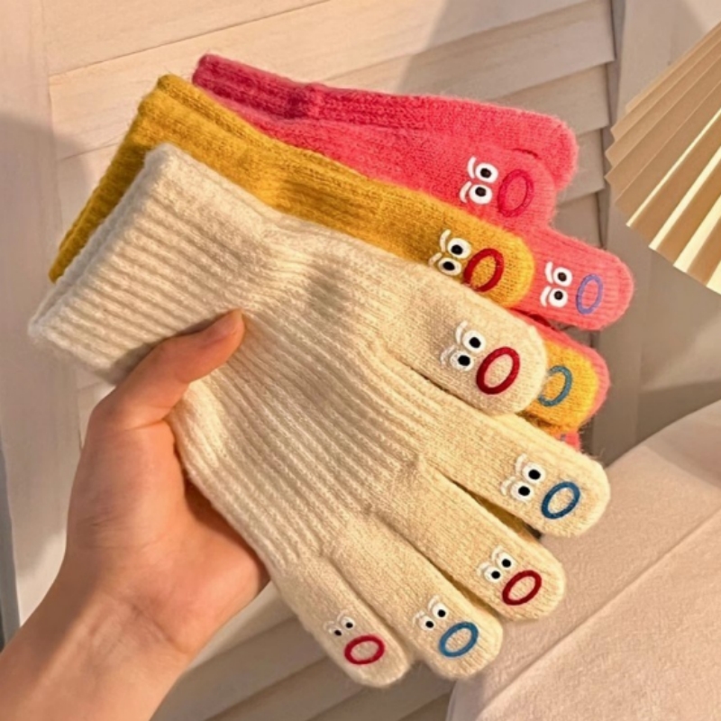 手套五指可爱韩版毛线针织加厚保暖手套女冬季骑行漏指款棉绒手套