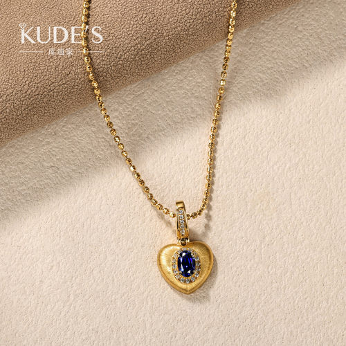 KUDE’S库迪家0.61克拉培育蓝宝石爱心项链手工拉丝复古KD3324