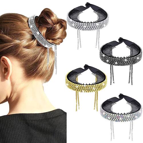 Women Elegant Luxury Rhinestone Tassel Ponytail Hair Claws H